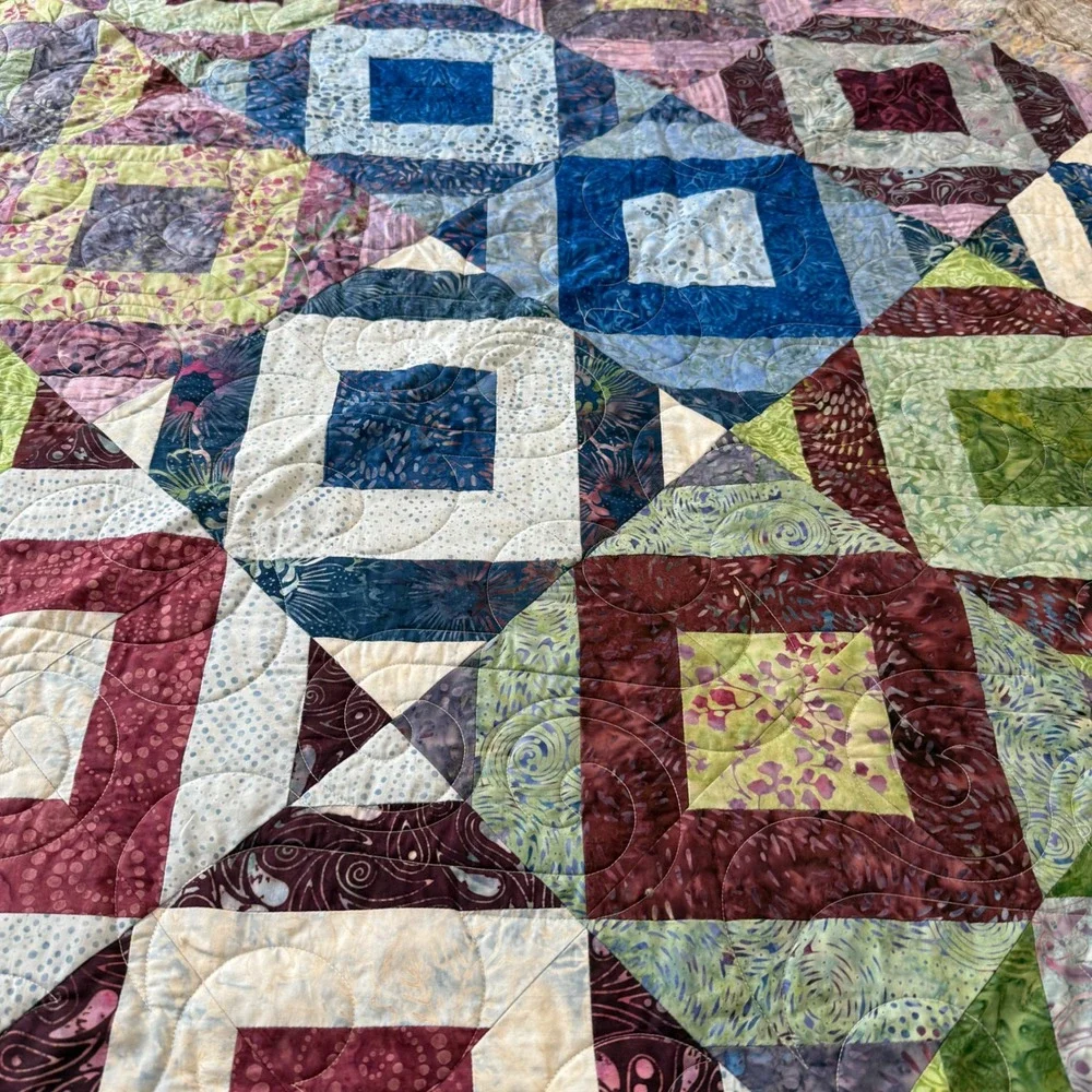 Handmade Patchwork Quilt Batik Floral Diamond Block Reversible Multi Color 57x66